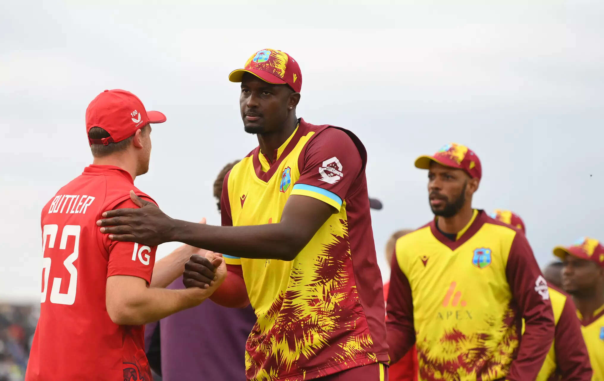 BRISTOL, ENGLAND - JUNE 08: Jason Holder of West Indies and Jos Buttler of England interact following the 2nd Vitality IT20 match between England and West Indies at Seat Unique Stadium on June 08, 2025 in Bristol, England. (Photo by Harry Trump/Getty Images) England v West Indies - 2nd Vitality IT20
