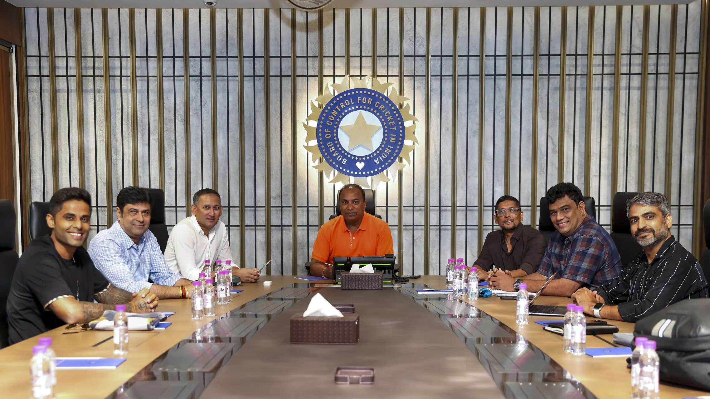 **EDS: THIRD PARTY IMAGE** In this image via @BCCI via X on Aug. 19, 2025, BCCI Secretary Devajit Saikia, selection committee Chairman Ajit Agarkar and others during a meeting for selection of the Indian squad for the upcoming Asia Cup 2025. (@BCCI/X via PTI Photo)(PTI08_19_2025_000203B) BCCI meeting for Asia Cup squad selection