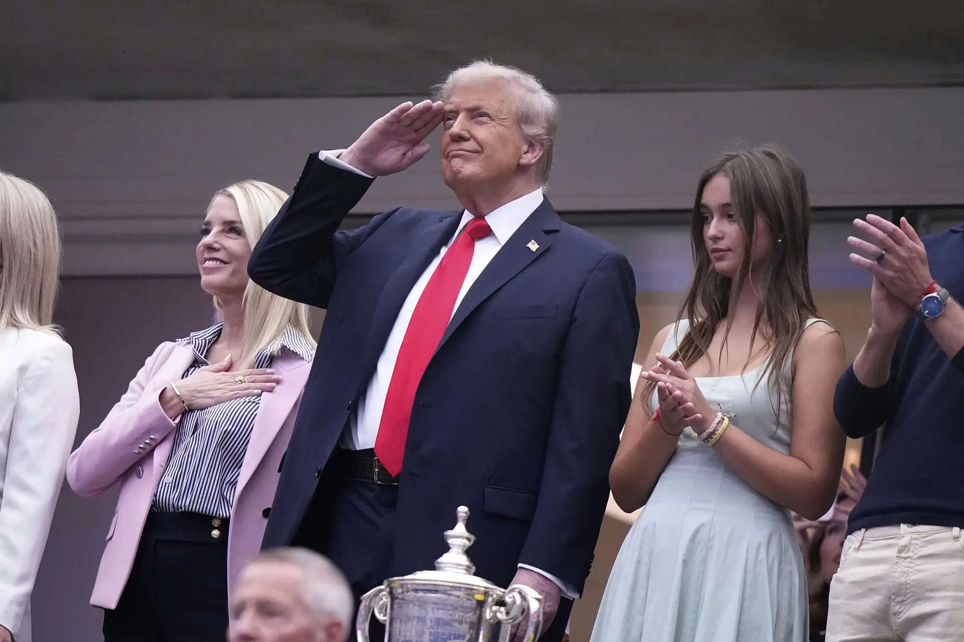 President Donald Trump attends the men's singles final of the U.S. Open tennis championships, Sunday, Sept. 7, 2025, in New York. (AP Photo/Frank Franklin) Trump's US Open visit sparks boos and long security lines