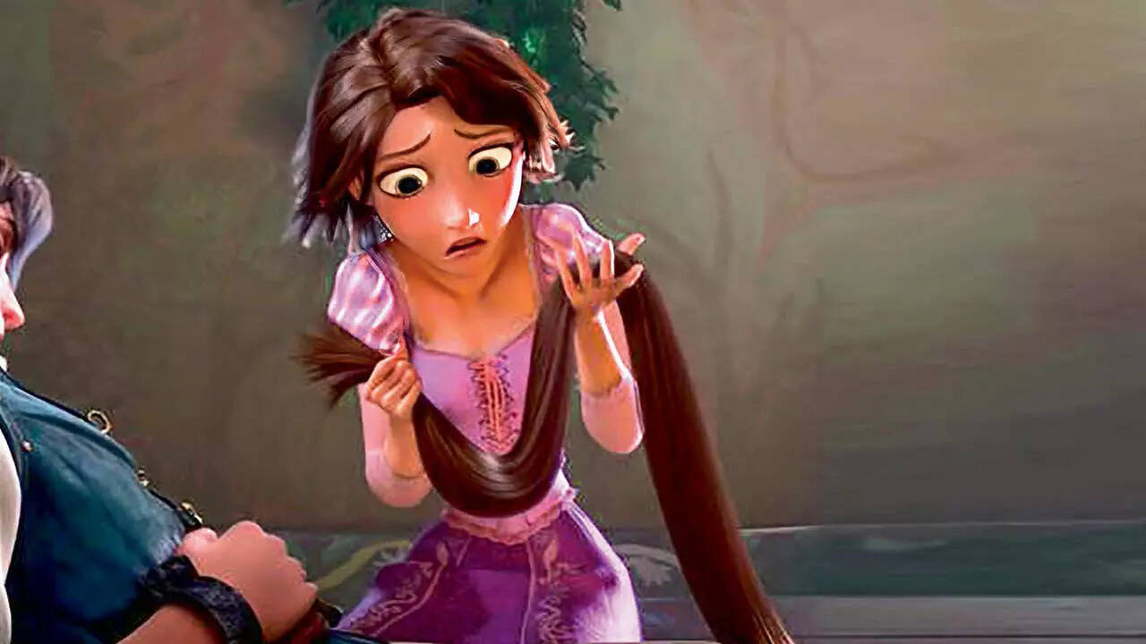 In the film Tangled , Rapunzel’s magical long, golden hair turns black after being chopped, signifying a change in personality thereafter