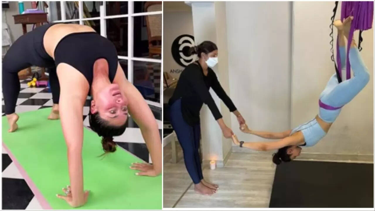 Kareena Kapoor Khan doing Chakrasana and Rakul Preet Singh doing the inverted exercise
