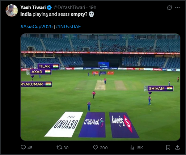 A shot showing how empty the stadium was for India's Asia Cup opener (Screengrab) Screenshot 2025-09-11 154746