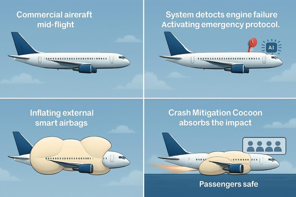 AI detects failure, deploys airbags, forms protective cocoon, absorbs impact- passengers survive (Pic credit: James Dyson Award website) AI detects failure, deploys airbags, forms protective cocoon, absorbs impact- passengers survive (Pic credit: James Dyson Award website)