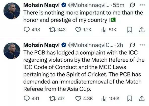 PCB Chairman Mohsin Naqvi's social media posts PCB Chairman Mohsin Naqvi's social media posts