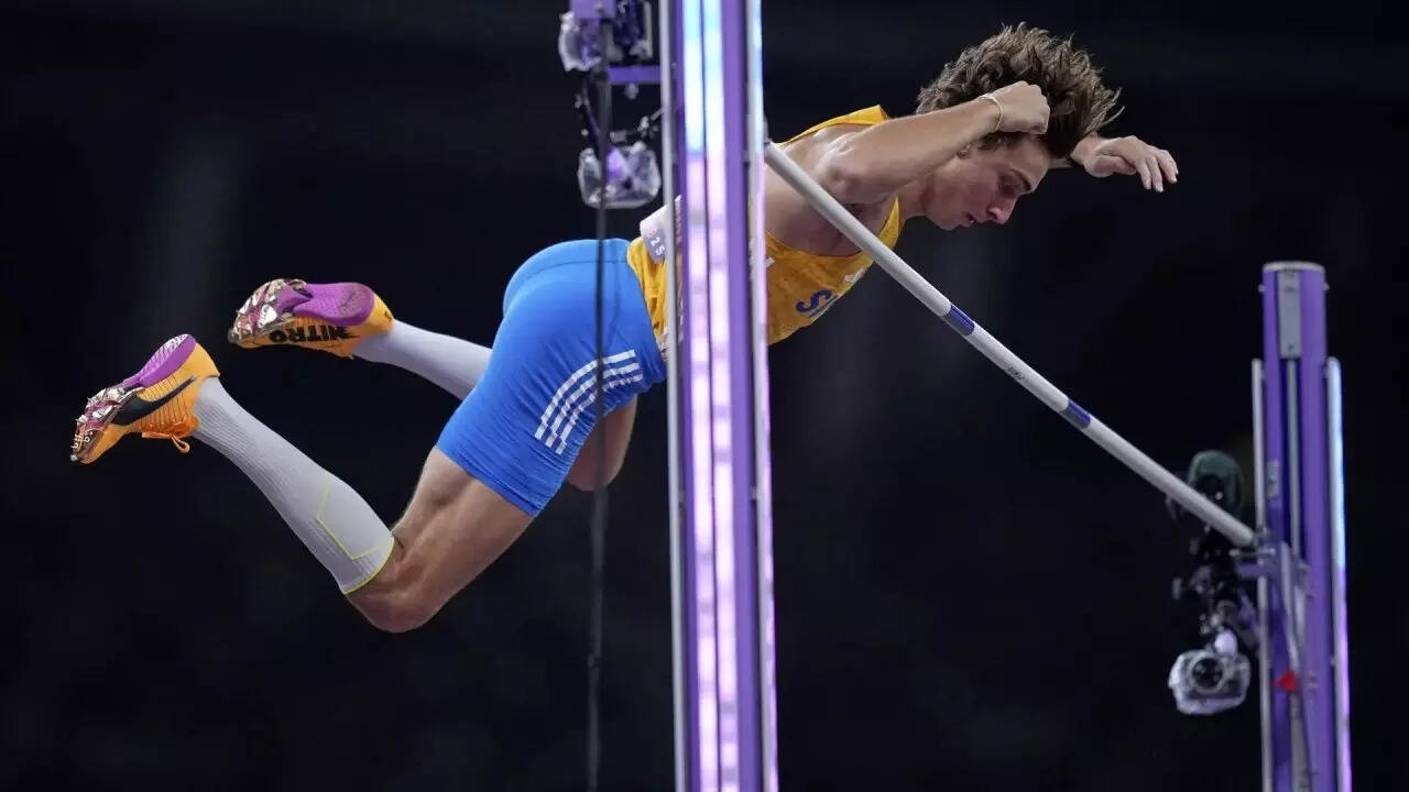 Armand Duplantis registered a mark of 6.30 metres, to win his third outdoor world title. (AP) Armand-Duplantis-pole-vault-AP