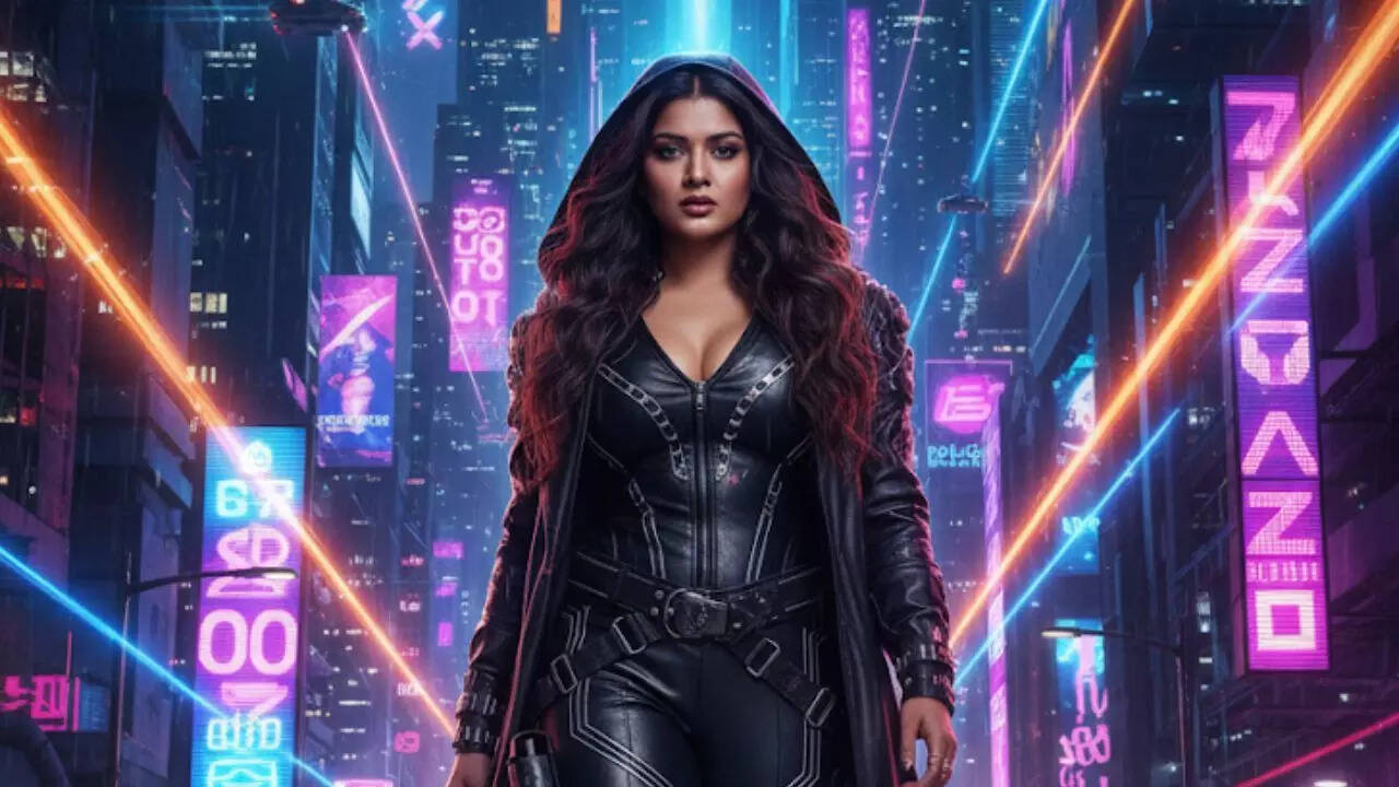 Cinematic Cyberpunk Woman in Black Leather Amid Neon-Lit Futuristic Cityscape at Night