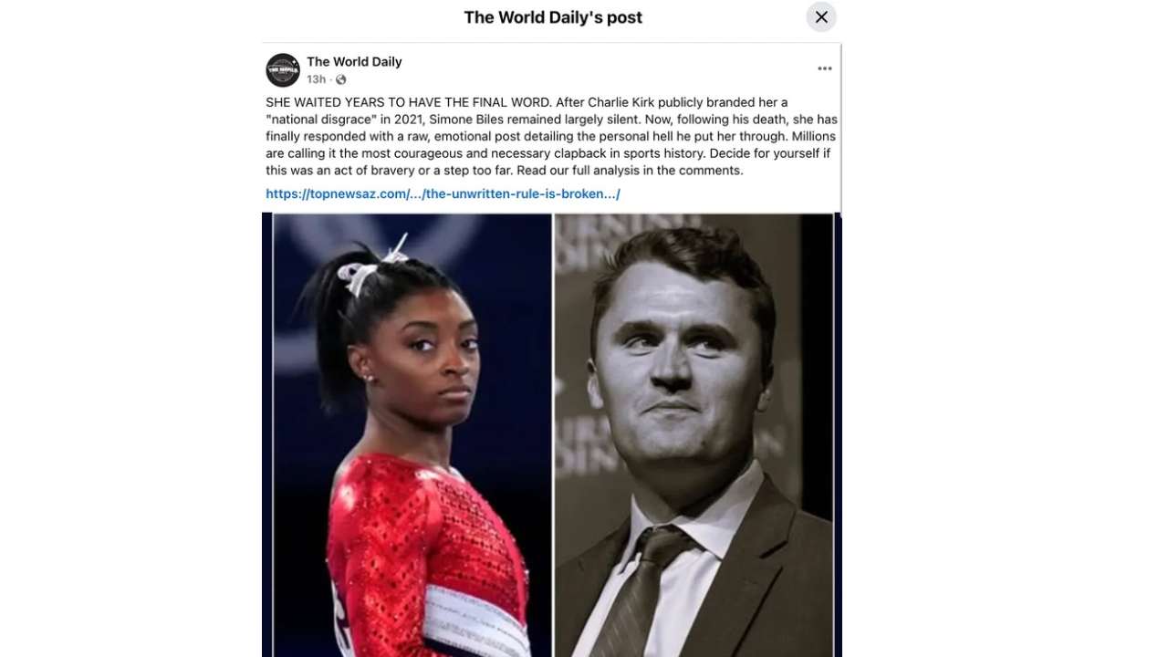 Did Simone Biles really write a blog mocking Charlie Kirk after his death? The truth behind viral Facebook claim