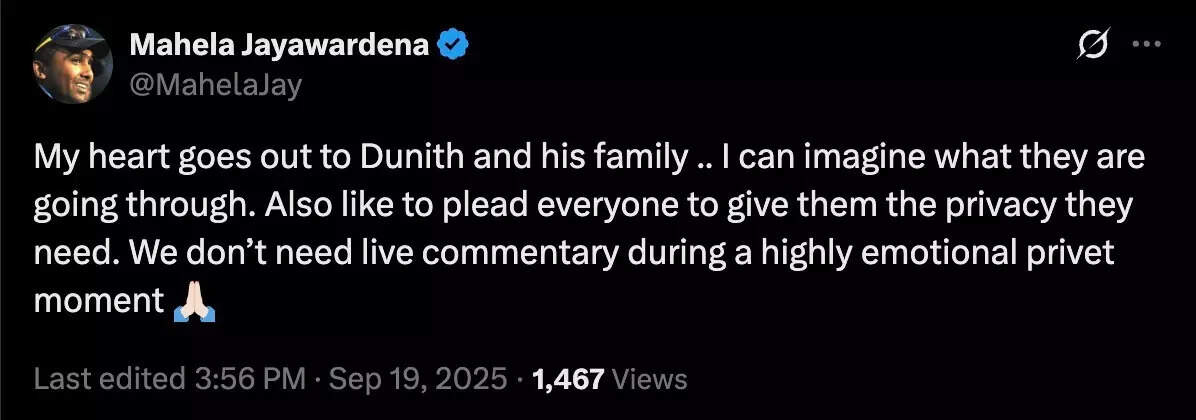 Mahela Jayawardena paid tribute to Dunith Wellalage's father, who passed away on Thursday. (Image: X) Mahela