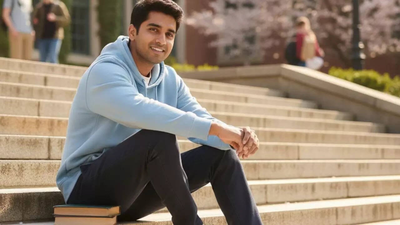Charming Morning Portrait of a Pastel-Hoodie-Clad Student with a K-Drama Romantic Lead Aura on University Steps.