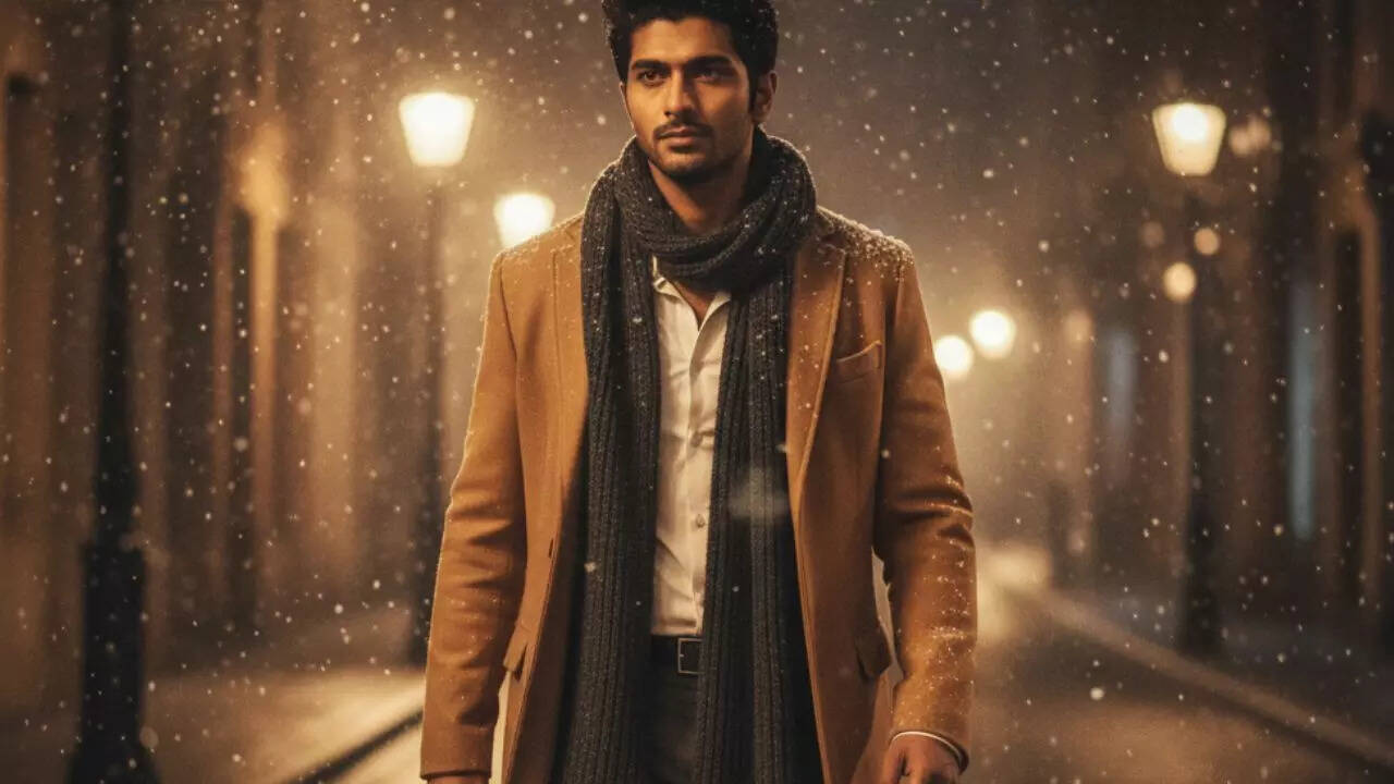 Bearded Man in Brown Coat Walking Through Snowy, Lamp-Lit Alley at Night with Romantic Atmosphere