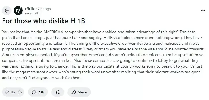 A Reddit post calling out the hate and bigotry targeting H-1B visa holders instead of the US companies that abused the system went viral. A Reddit post calling out the hate and bigotry targeting H-1B visa holders instead of the US companies that abused the system went viral.