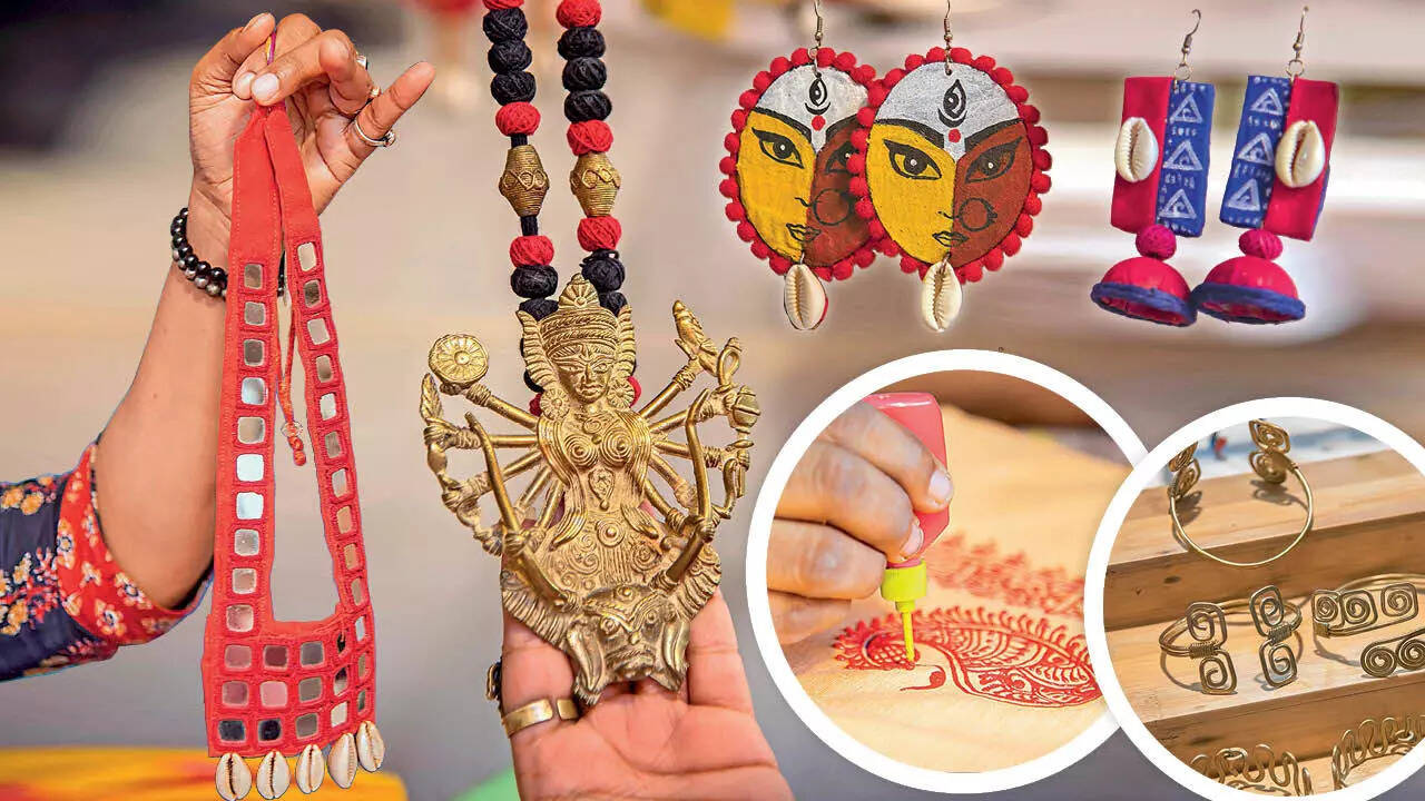Puja-inspired jute, clay and fabric jewellery can be a great addition to a simple look, too