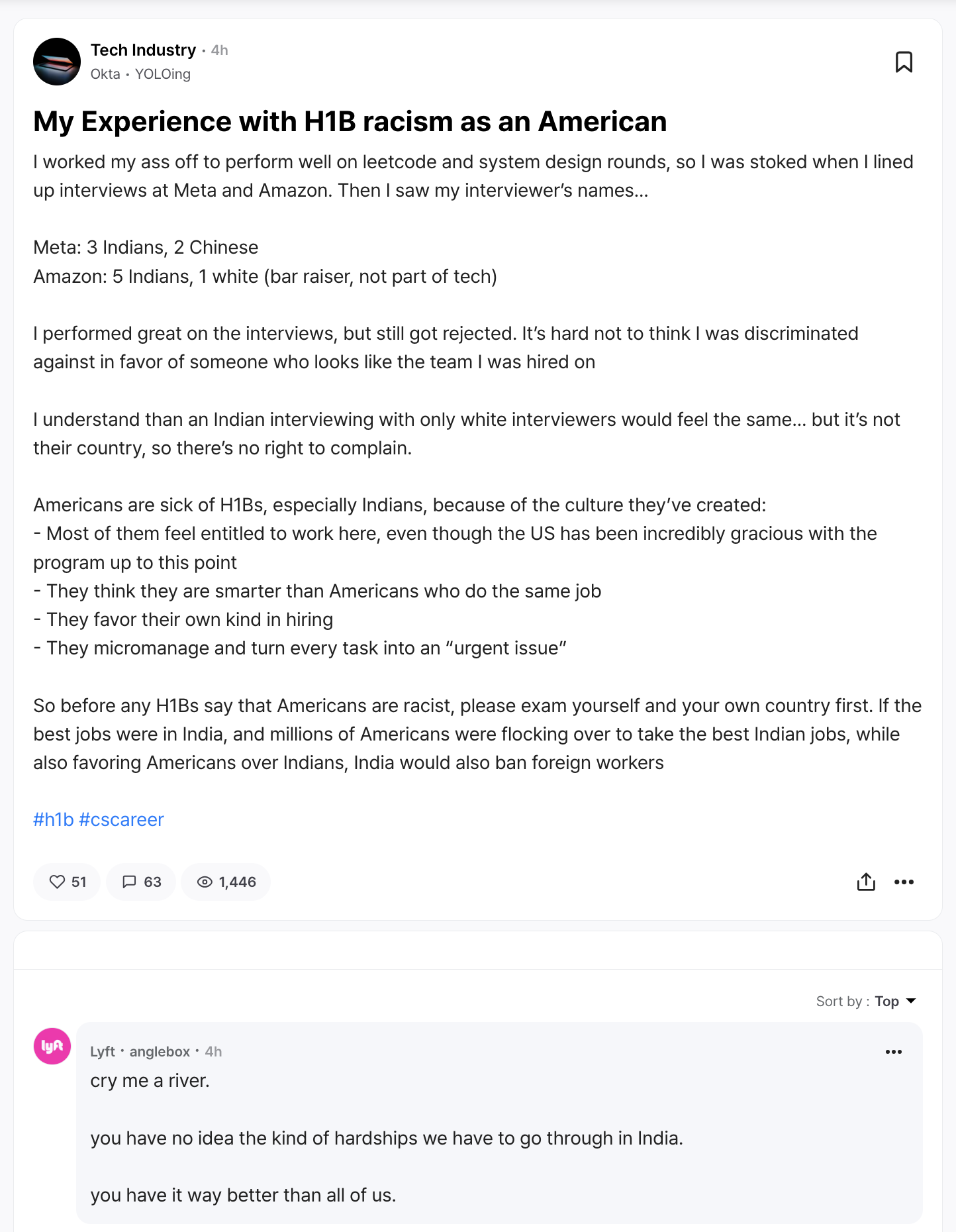 A US techie's post on Teamblind slamming H-1B Indians went viral. A US techie's post on Teamblind slamming H-1B Indians went viral.