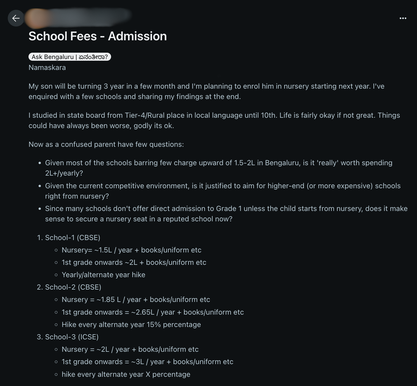 Reddit post highlighting high Bengaluru school fees