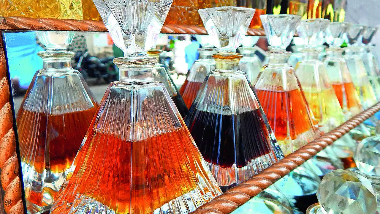 A view of ornate perfume bottle at a shop in the city