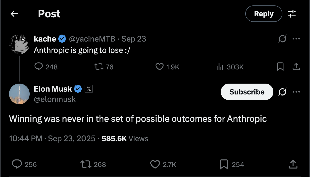 Elon Musk on Anthropic's position in the AI race