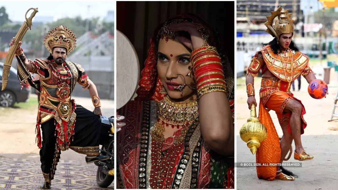 ​(L-R) Arya Babbar as Ravan, Riney Aryaa as Sita, Malhar Pandya as Hanuman