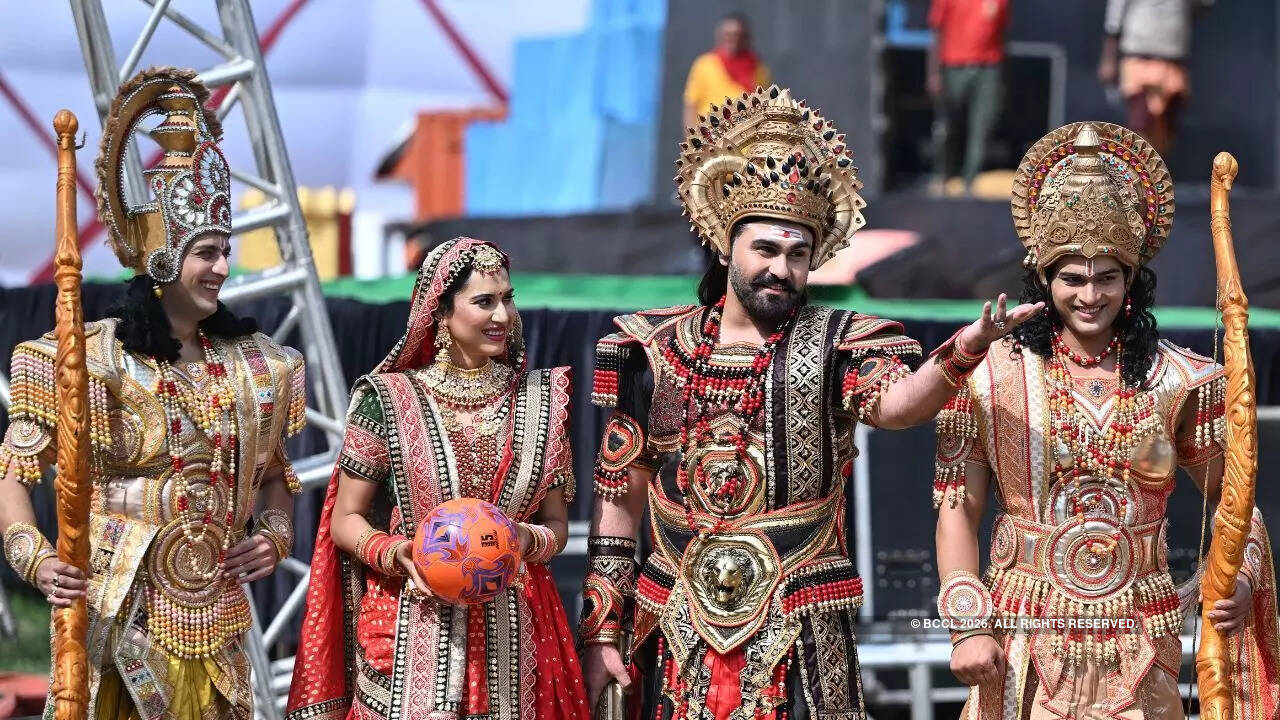 Kinshuk Vaidya (far left), Riney Aryaa, Arya Babbar and Rajan Sharma (far right) share a candid moment ahead of the Luv Kush Ramlila