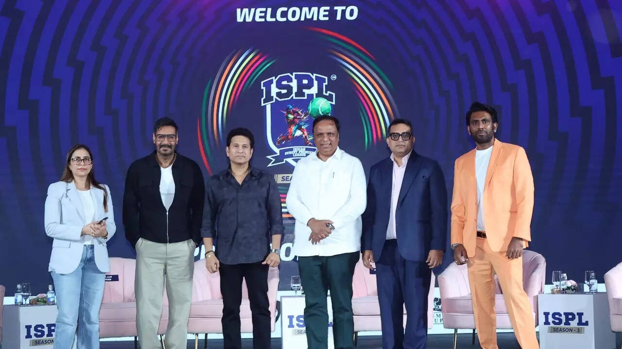 ISPL Core Committee members and new team owner Ajay Devgn (second from left) at a launch event in Mumbai. (Image: ISPL) ISPL-team-owners