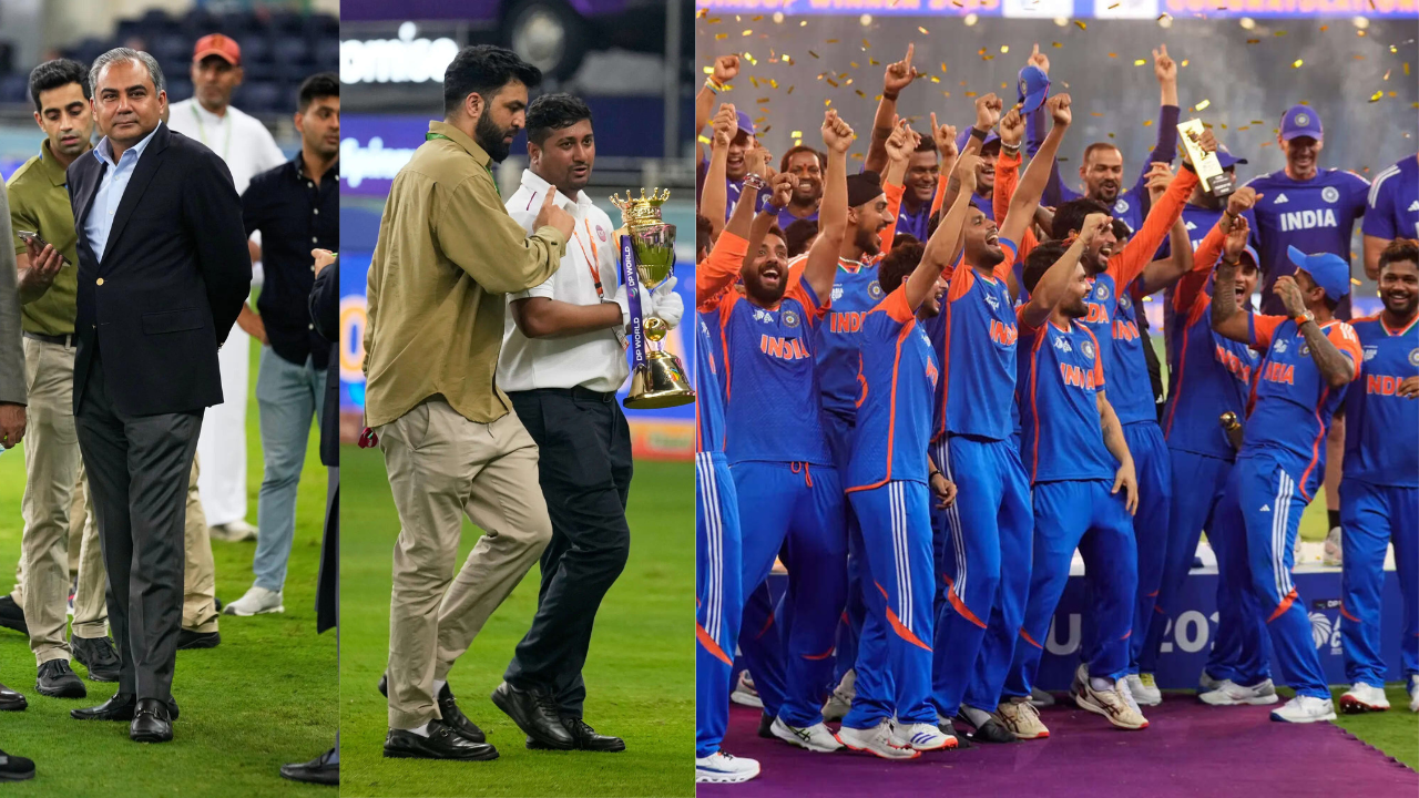 Mohsin Naqvi, officials taking the Asia Cup trophy away. Team India mimicked lifting an imaginary trophy after that. Mohsin Naqvi ran away with Asia Cup trophy