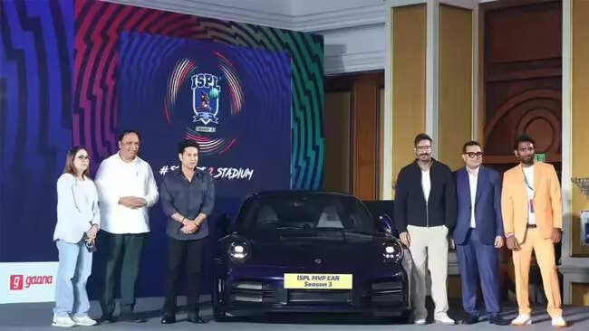 ISPL Core Committee members, new Ahmedabad team owner Ajay Devgn at a press conference ahead of third season. (Image: ISPL)