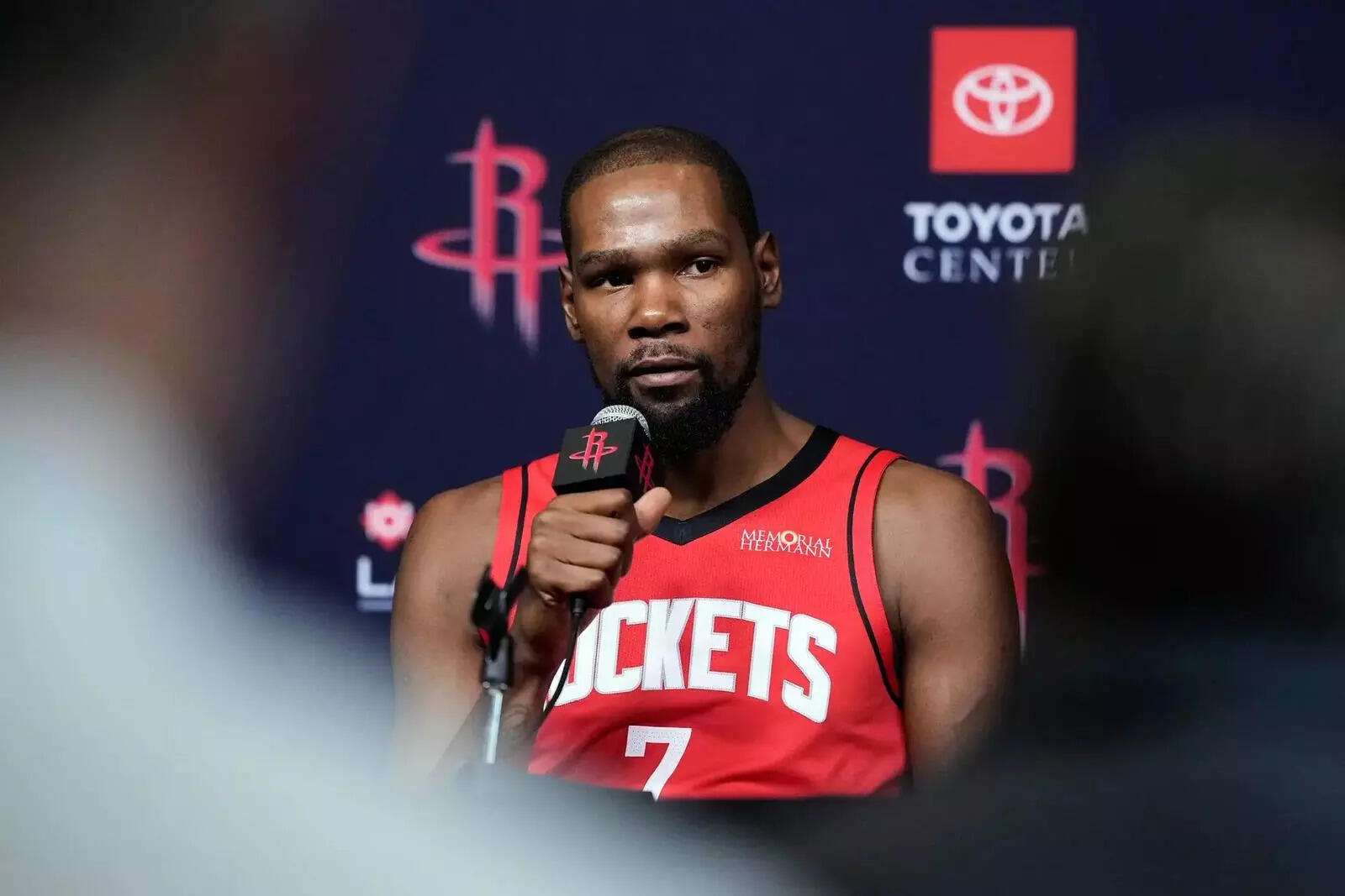 Houston Rockets forward Kevin Durant speaks to reporters during the NBA basketball team's media day in Houston