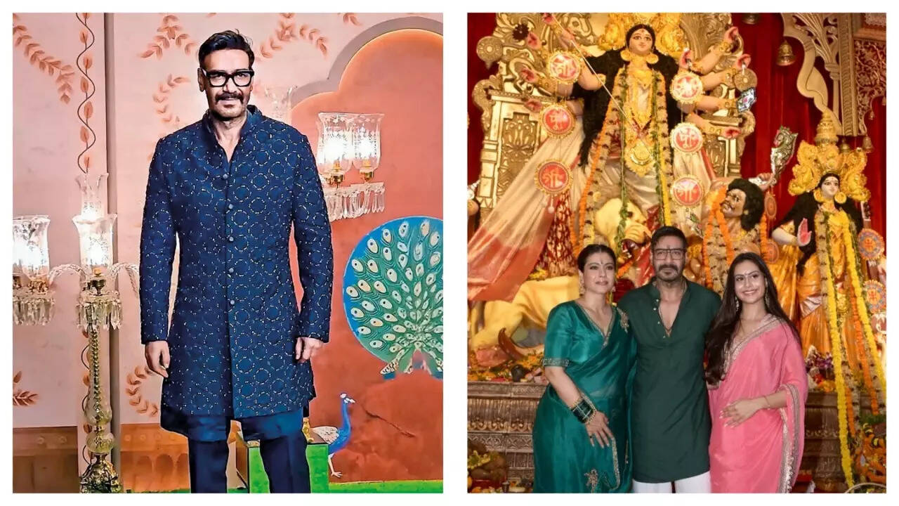 Ajay Devgn, Kajol and Nysa at the Mukerji's Durga Puja pandal (photo by Viral Bhayani)