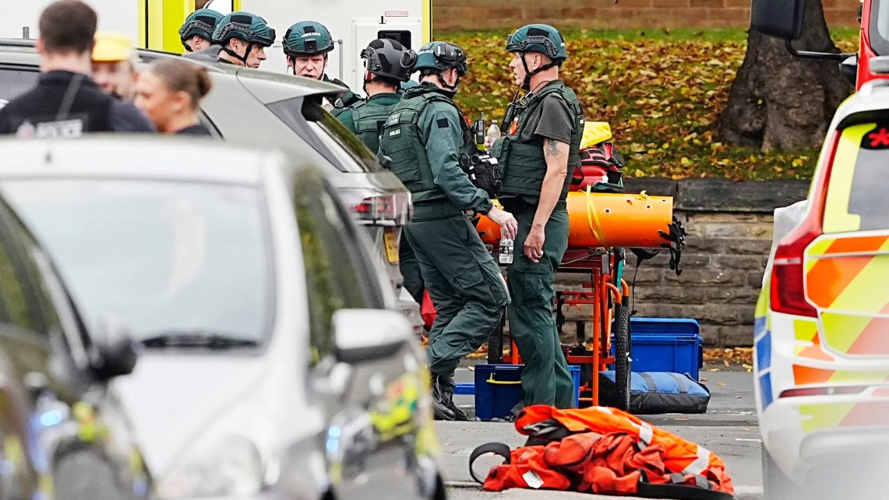 Emergency services at the scene of a stabbing at Heaton Park Hebrew Congregation synagogue, in Crumpsall