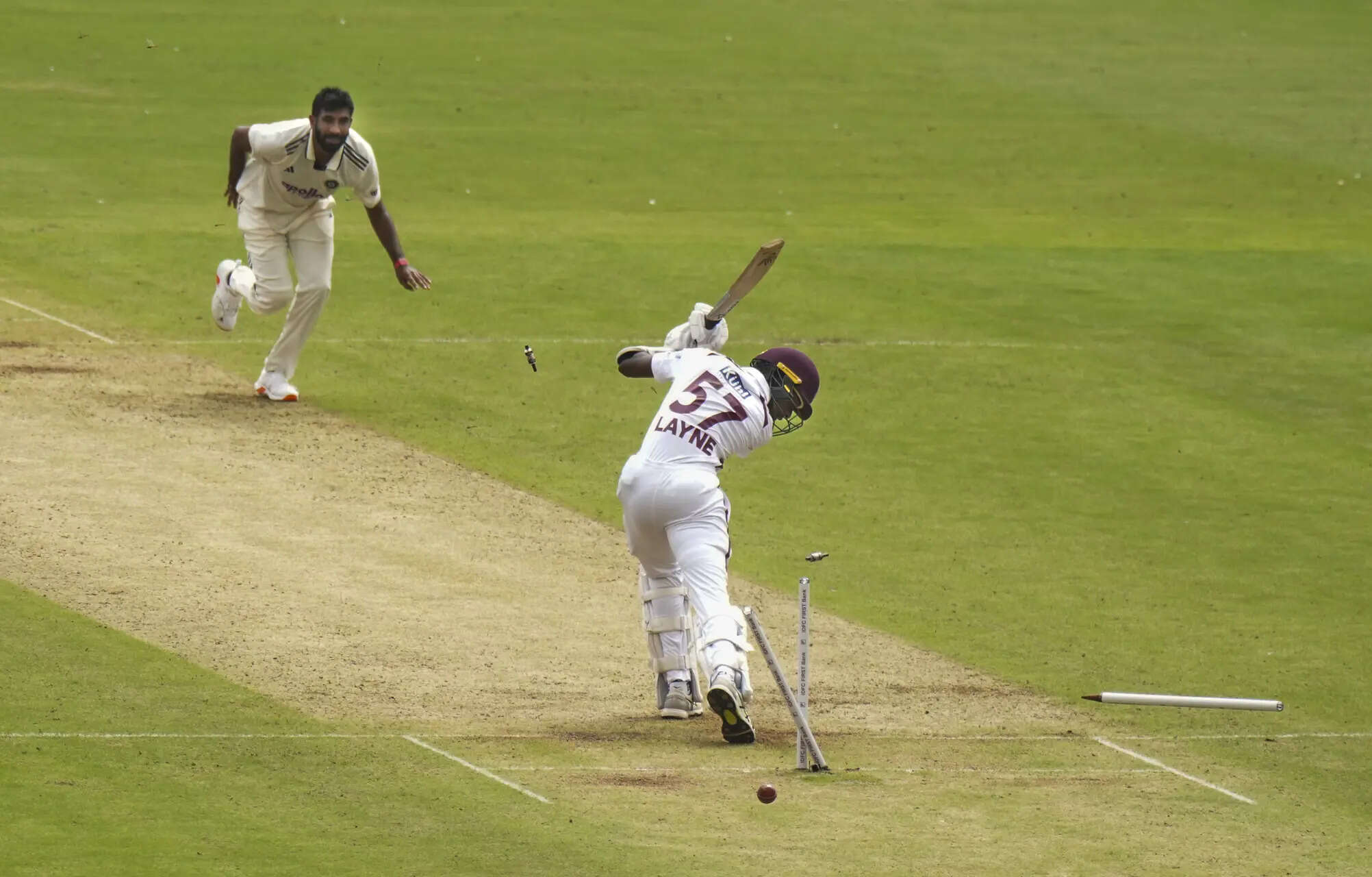 Ahmedabad: West Indies� Justin Greaves being bowled by India�s Jasprit Bumrah on day one of the first test cricket match between India and West Indies, at the Narendra Modi Stadium, in Ahmedabad, Gujarat. (PTI Photo/Shashank Parade) (PTI10_02_2025_000311A) IND vs WI: 1st Test match-Day 1