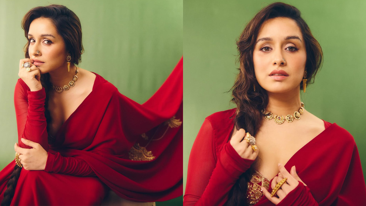 Shraddha Kapoor, draped in a fiery red Masaba saree