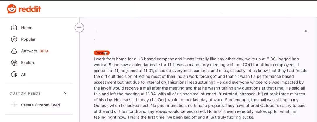Reddit post made by the user