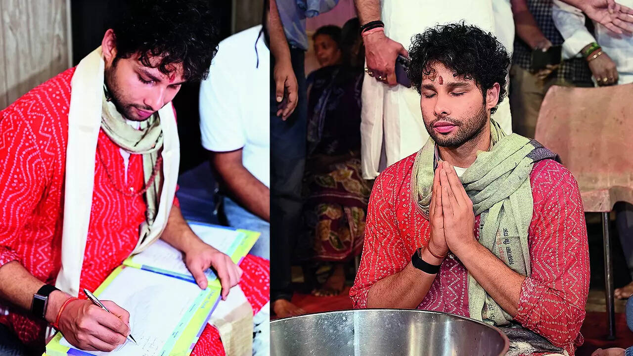 Siddhant signed the visitor’s book at Dashashwamedh ghat and (R) performing Ganga Arti