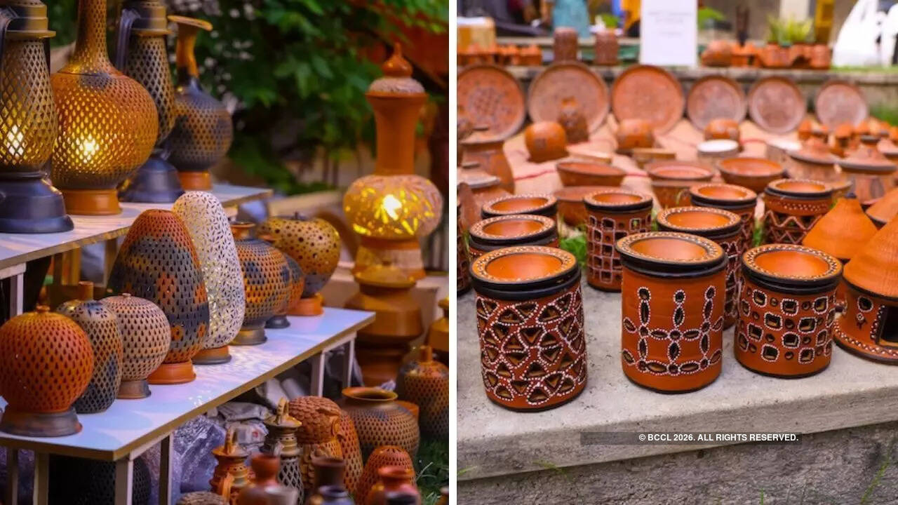 Rajasthan's hand carved lamps (L), Gujarat's khavda painted pottery (R) Rajasthan's hand carved lamps (L), Gujarat's khavda painted pottery (R)