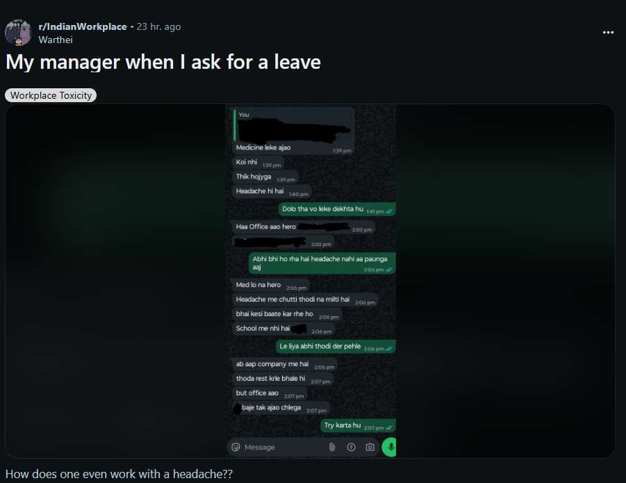 Screenshot of the post from Reddit via IndianWorkplace