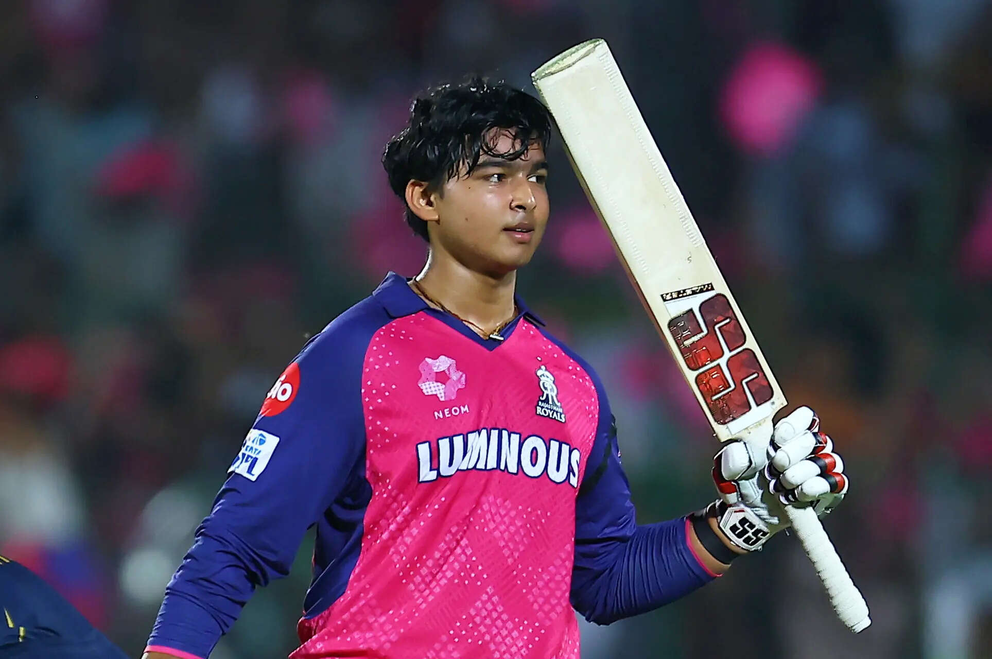 Jaipur: Rajasthan Royals' Vaibhav Suryavanshi celebrates his century during the ...