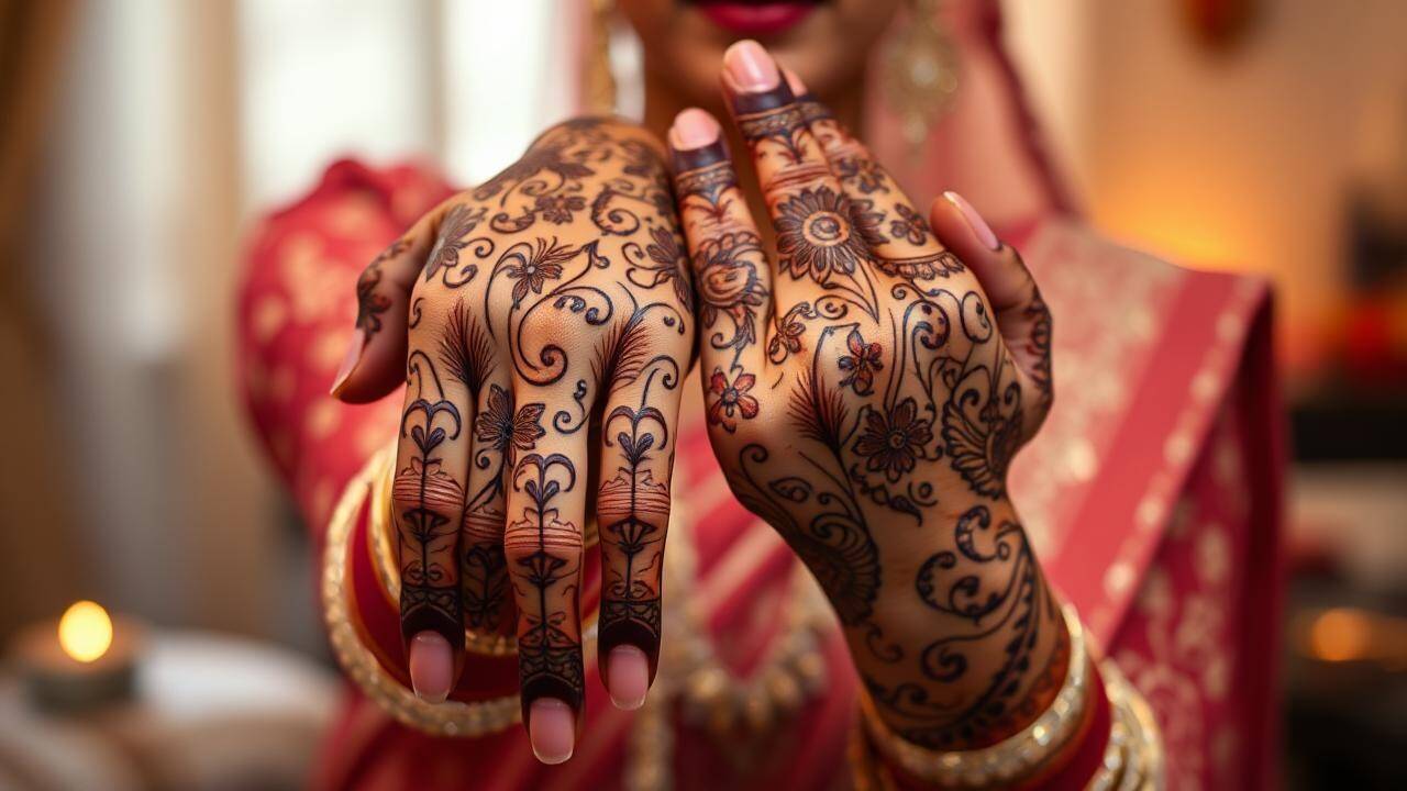 My hands showcase detailed Karwa Chauth mehndi, featuring paisleys and florals, set against a warm, festive Indian home. Intricate Bridal Mehndi Art