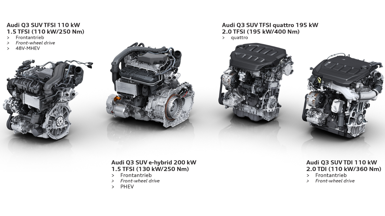 Globally, Audi offers the Q3 with a wide mix of engines, including petrol, diesel, and hybrid