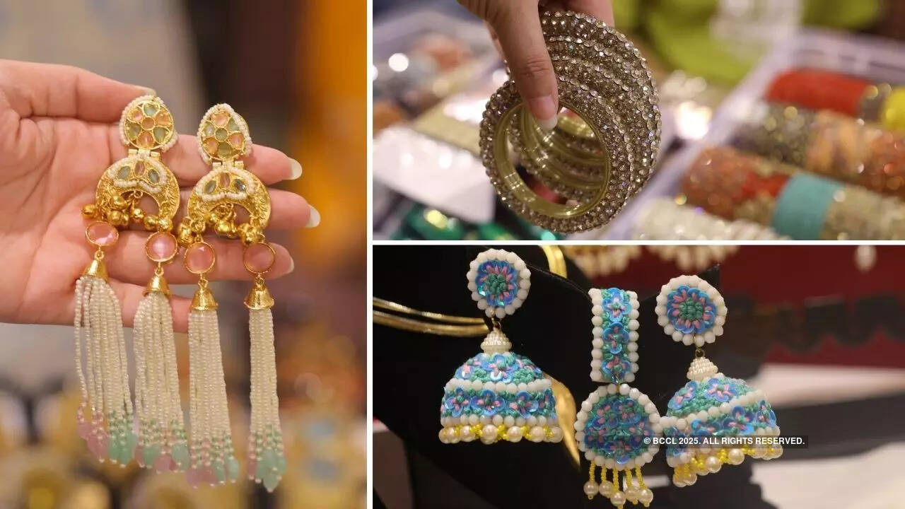 ​Custom handmade earrings and maang teeka set by Bespoke Bling and Mansi Matai’s Kashmiri style earrings are the perfect embellishments for your parties
