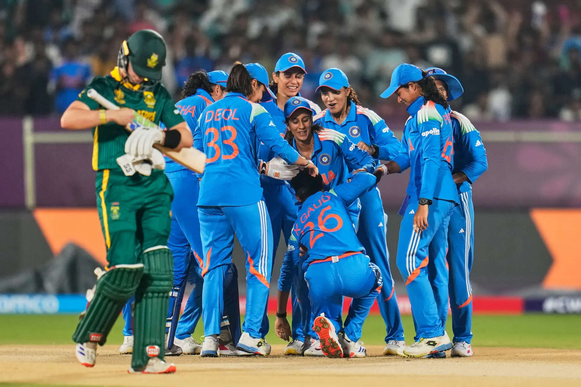 India Kranti Goud (26) celebrates with teammates after the dismissal of South Africa's Tazmin Brits during the ICC Women's Cricket World Cup match between India and South Africa at ACA-VDCA Cricket Stadium in Visakhapatnam, India, Thursday, Oct. 9, 2025. (AP Photo/Aijaz Rahi) India Women's Cricket WCup