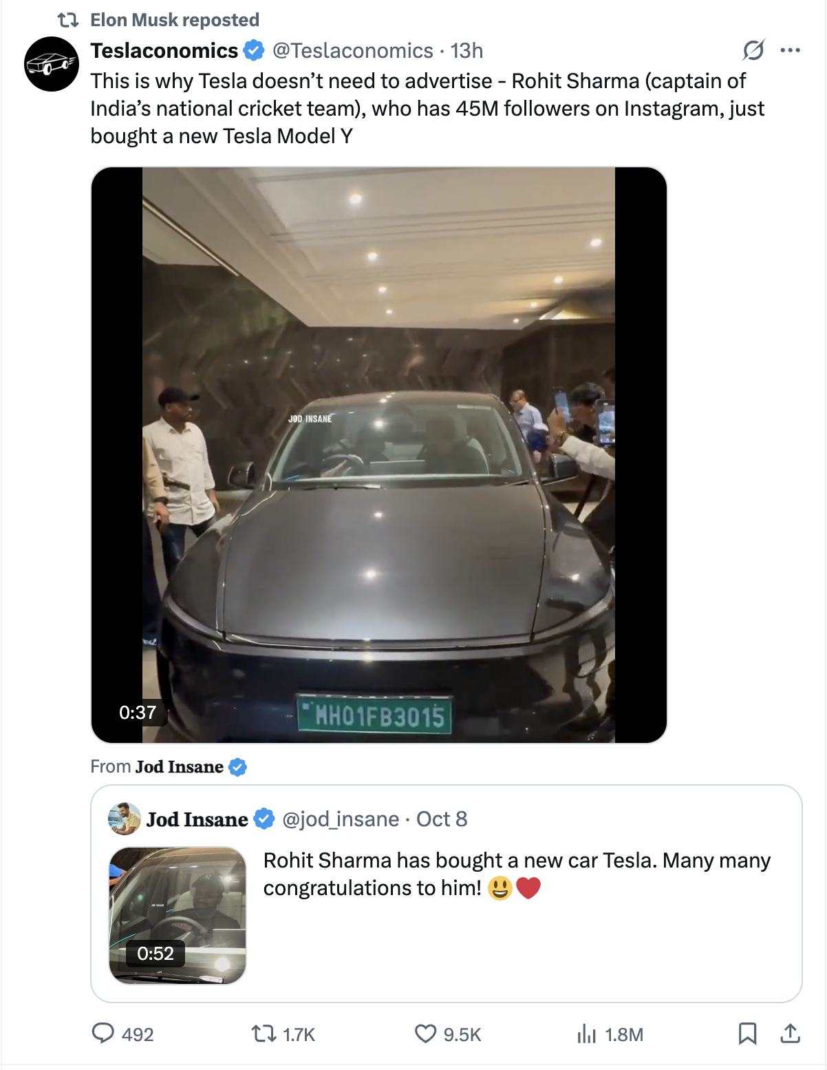 A screenshot of Elon Musk reposting video of Rohit Sharma driving Tesla