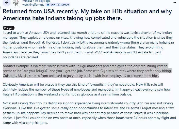 A Redditor claimed that the Indian-hatred in the US over the H-1B issue is not absolutely baseless. A Redditor claimed that the Indian-hatred in the US over the H-1B issue is not absolutely baseless.