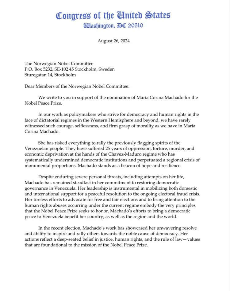 Marco Rubio's 2024 letter endorsing Machado for Nobel Peace Prize Marco Rubio's 2024 letter endorsing Machado for Nobel Peace Prize