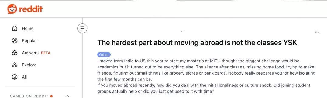 Reddit post made by the student