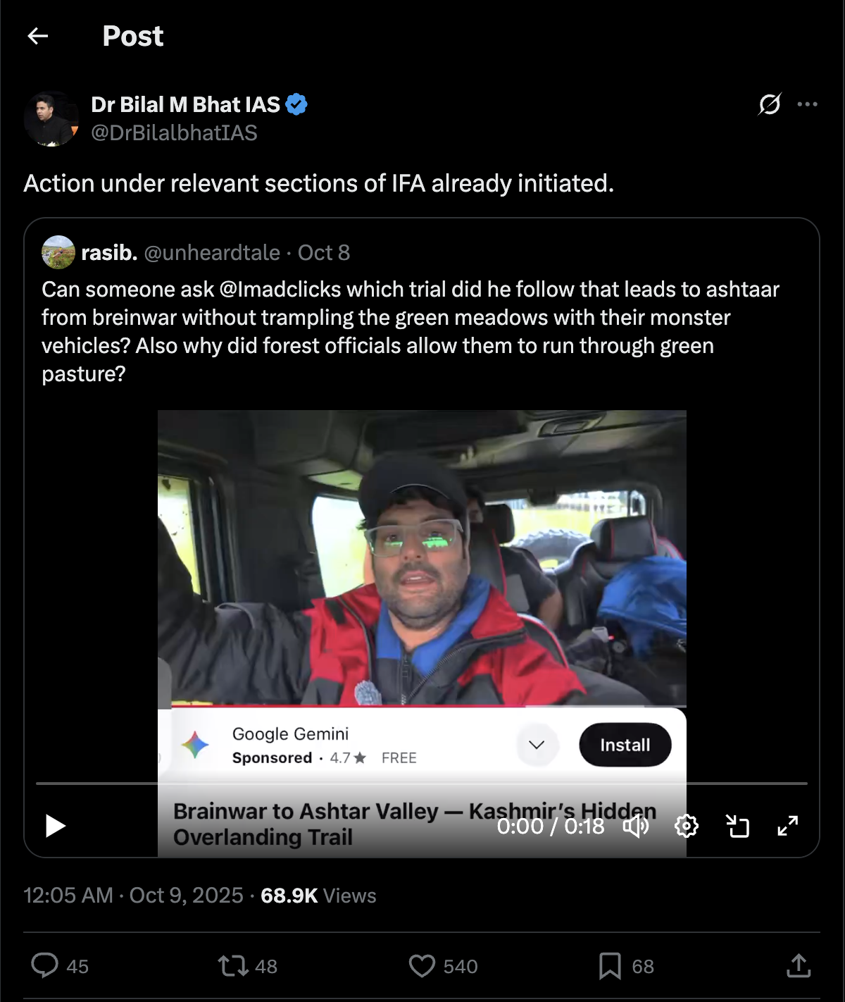 Deputy Commissioner (DC) Budgam, Dr Bilal M Bhat replies to post showing vehicles driving through Kashmir's reserve forests