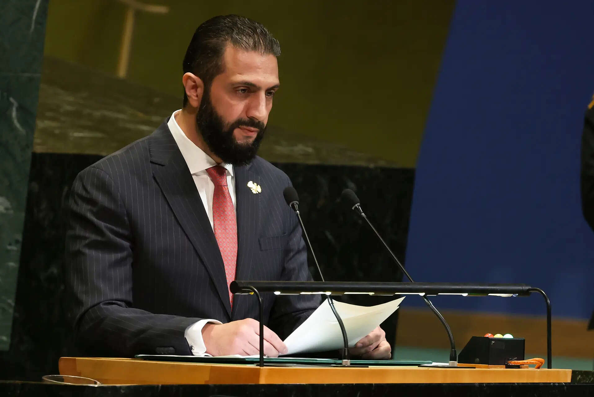 Syria President Ahmad Al-Sharaa speaks during the 80th session of the United Nations General Assembly, Wednesday, Sept. 24, 2025, at U.N. headquarters. (AP Photo/Heather Khalifa) For the first time in nearly six decades, a Syrian president steps up to speak at the UN