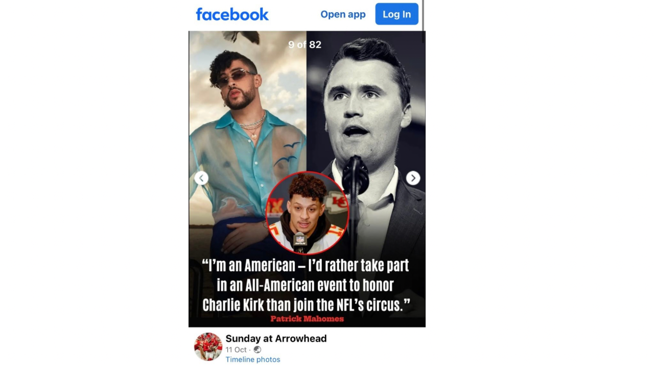 Image via Fcaebook/SundatatArrowhead Did Patrick Mahomes really boycott Bad Bunny for Charlie Kirk? The truth behind the viral post