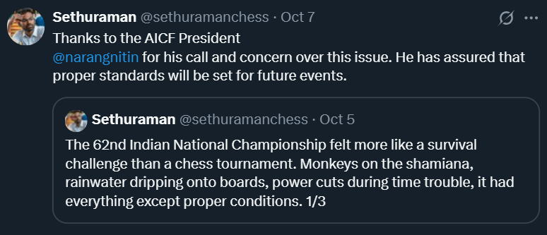 GM Sethuraman SP clarified that the standards of the nationals improved after the first day. (Image: X) Sethuraman1