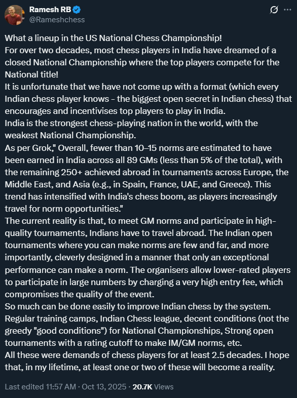 GM RB Ramesh slammed the standards of the National Championship. (Image: X) RameshRB
