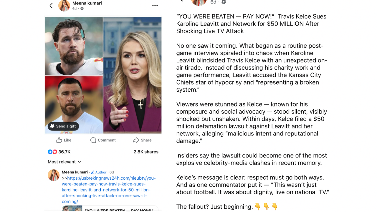 Did Travis Kelce really sue Karoline Leavitt for $50 million after live TV fight? The truth behind the viral Facebook claim Did Travis Kelce really sue Karoline Leavitt for $50 million after live TV fight? The truth behind the viral Facebook claim