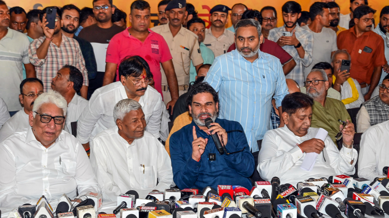 Prashant Kishor, along with Jan Suraaj National President Uday Singh, during a press conference (ANI) October 17 (3)
